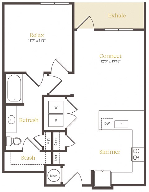 Floor plan for 1 bed, 1 bath, 728 sqft